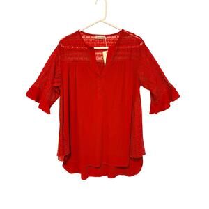 Southern Stitch Red 3/4 Bell Sleeve Lace Inlay Blouse Gauzy Med Boho Romantic